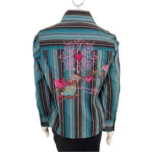 VTG JENDO Floral Embroidered Button Front Long Sleeve Striped Shirt  Y2K  SZ L